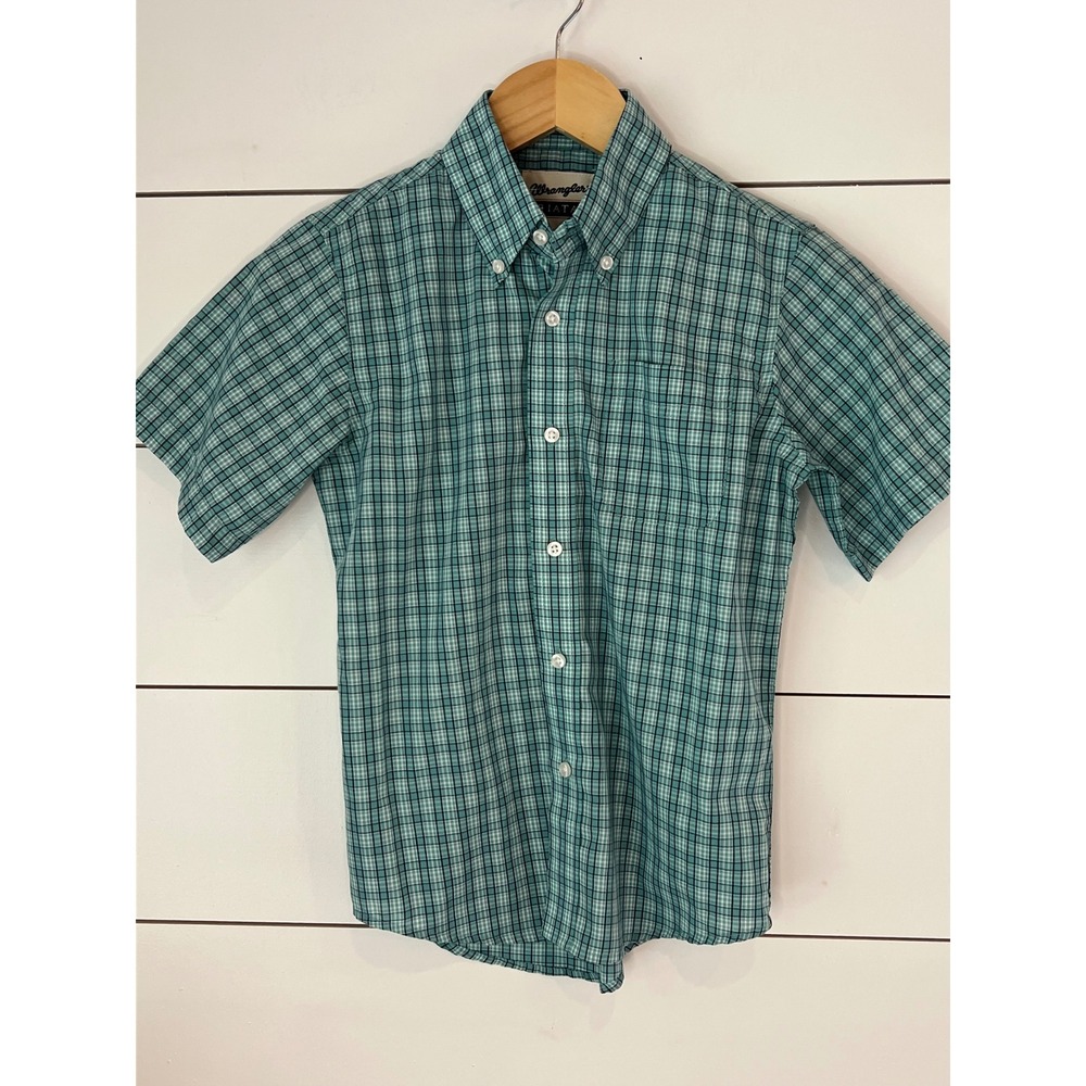 Wrangler Riata Boys Medium‎ Teal Plaid Short Sleeve Button Down Shirt western
